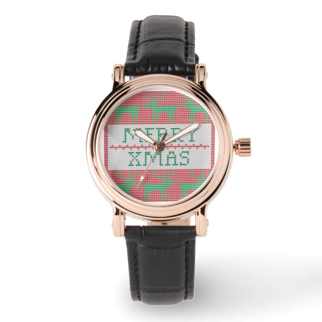 Rentier Merry Xmas rotes und grünes Muster Armbanduhr (Vorderseite)
