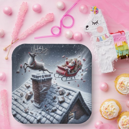 Rentier Mishap auf einem schneebedeckten Dach Pappteller (Party)