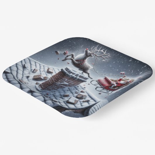 Rentier Mishap auf einem schneebedeckten Dach Pappteller (Gewinkelt)