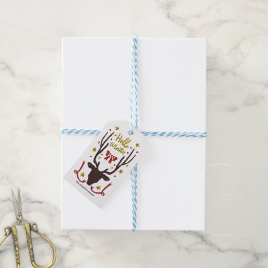 Rentier mit goldener Weihnachtshandzeichnung Geschenkanhänger (Mit Garn)