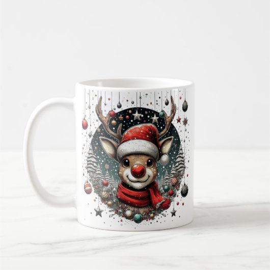 Rentier mit roter Nose und Weihnachtsmannmütze Art Kaffeetasse (Links)