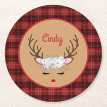 Rentier mit Weißen Rosen auf Kariert mit Namen