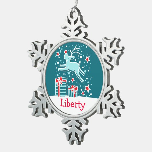 Rentier nennt Schneeflocken Weihnachtsschmuck Schneeflocken Zinn-Ornament (Rechts)