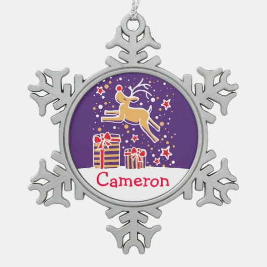 Rentier nennt Schneeflocken Weihnachtsschmuck Zinn-Ornament (Vorderseite)