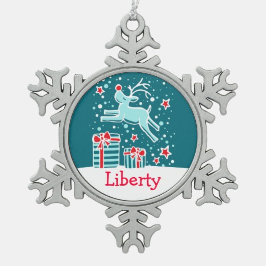 Rentier nennt Schneeflocken Weihnachtsschmuck Zinn-Ornament (Vorderseite)