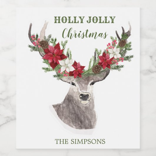 Rentier, Poinsettia Weihnachten Weinetikett (Einzelnes Label)