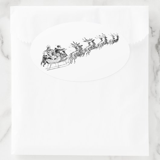 Rentier Pulling Santa's Schlitten. Ovaler Aufkleber (Tasche)