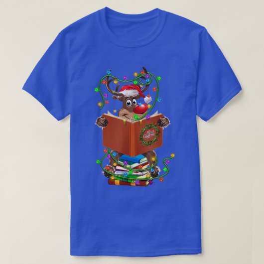 Rentier Reading Books Weihnachtsleuchten Ornamente T-Shirt (Design vorne)