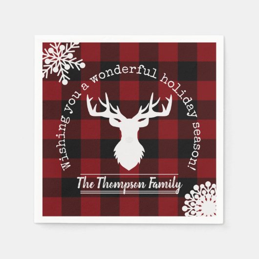 Rentier Red and Black Buffalo Karierte Weihnachten Serviette (Vorderseite)