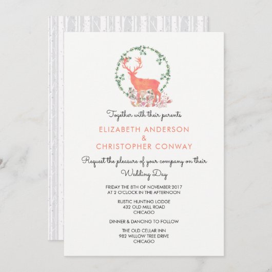 Rentier Rustic Botanical Watercolor Wedding Einladung (Vorne/Hinten)