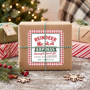 Rentier-Santa-Sack Weihnachten-Karo Quadratischer Aufkleber