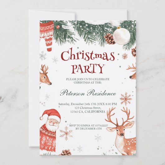 Rentier Santa und Ornamente Weihnachts-Party Einladung (Vorderseite)
