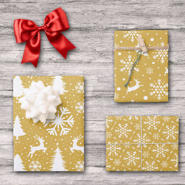 Rentier Snowflakes Weihnachtsbaumen Gold Muster Geschenkpapier Set