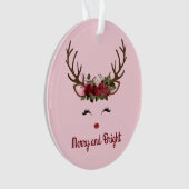 Rentier und Blume Merry and Bright on Pink Cera Ornament (Vorderseite)