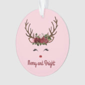 Rentier und Blume Merry and Bright on Pink Cera Ornament (Vorderseite)