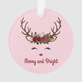 Rentier und Blume Merry and Bright on Pink Cera Ornament