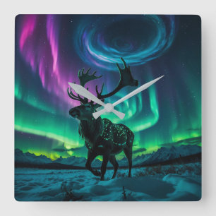 Rentier und das Design der Northern Lights Wildlif Quadratische Wanduhr