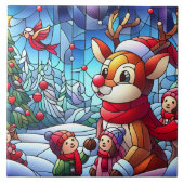 Rentier und Kinder im Winter Freude! Fliese (Vorderseite)