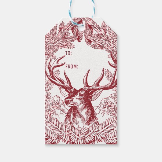 Rentier und Pine Boughs Rustikale Weihnachten Geschenkanhänger (Vorderseite)
