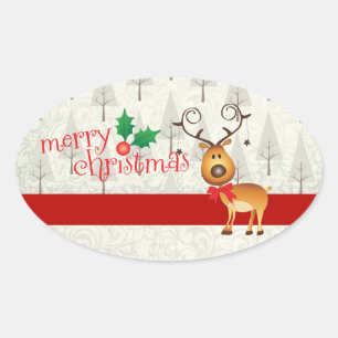 Rentier und Weihnachtsaufkleber Ovaler Aufkleber
