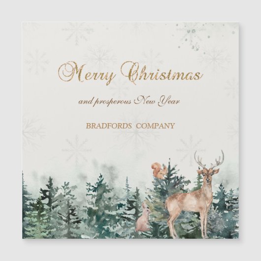 Rentier, Wald, Schneeflocken Magnetkarte (Vorderseite)