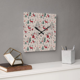 Rentier Wall Clock   Folk Art Christmas Quadratische Wanduhr