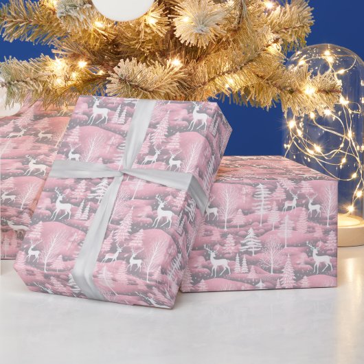 Rentier Weihnachtsbaumen Pink Grau Weiße Weihnacht Geschenkpapier (Feiertage)
