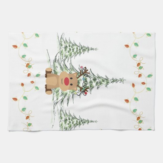 Rentier Weihnachtsleuchten Winterbaumen Geschirrtuch (Horizontal)