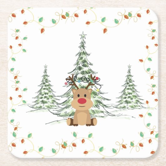 Rentier Weihnachtsleuchten Winterbaumen Rechteckiger Pappuntersetzer (Vorderseite)