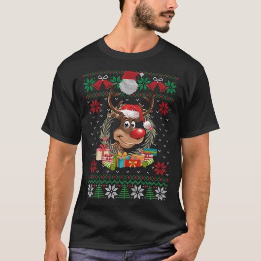 Rentier Weihnachtsmannmütze Ugly Christmas Sweater T-Shirt (Vorderseite)