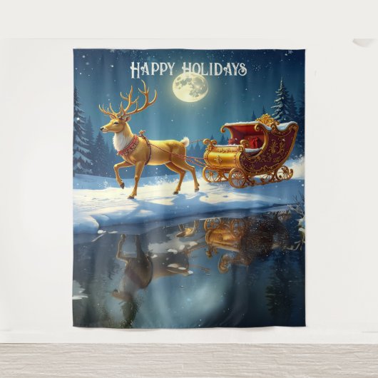 Rentier-Weihnachtsschlitten-Feiertags-Hintergrund Wandteppich (Vorderseite)