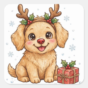 Rentier-Welpen-Weihnachts-Hund-Aufkleber Quadratischer Aufkleber