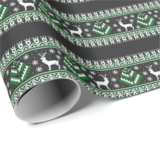 Rentier Winter Messe Isle Pattern in Schwarz Geschenkpapier (Rolleneckpunkt)