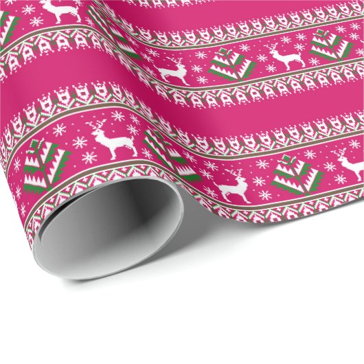 Rentier Wintermesse Isle Pattern in Rosa Geschenkpapier (Rolleneckpunkt)