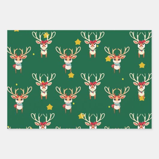Rentier Wrapping Paper - Grüner Hintergrund Geschenkpapier Set (Vorderseite 2)
