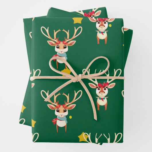 Rentier Wrapping Paper - Grüner Hintergrund Geschenkpapier Set (Beispiel)