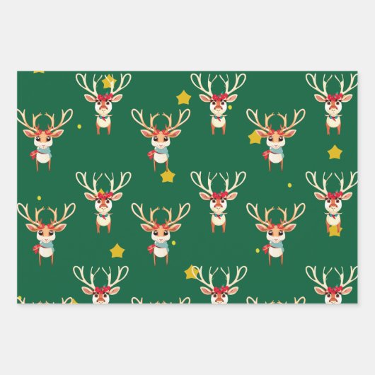 Rentier Wrapping Paper - Grüner Hintergrund Geschenkpapier Set (Vorderseite)