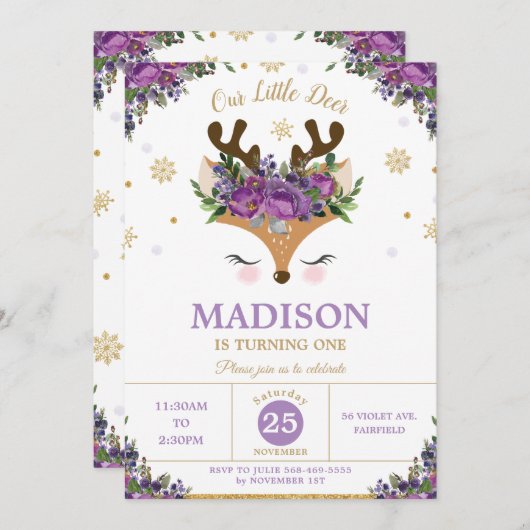 Rentiere Lila Schneeflocken Geburtstagsparty Einladung (Vorne/Hinten)