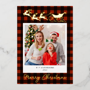 Rentiere & Schlitten Weihnachtsfoto Gold  Folien Feiertagskarte