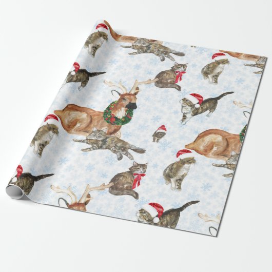 Rentiere und Kätzchen Geschenkpapier (Ungerollt)