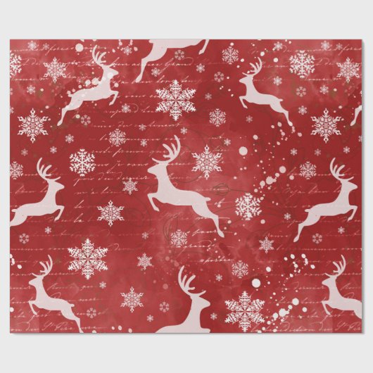 Rentiere und Schneeflocken im roten Hintergrund Geschenkpapier (Flach)