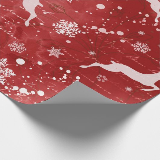 Rentiere und Schneeflocken im roten Hintergrund Geschenkpapier (Ecke)