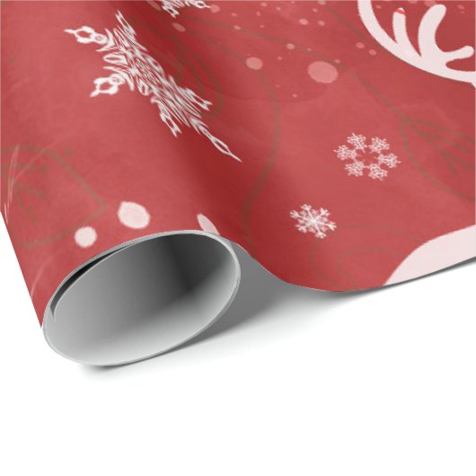 Rentiere und Schneeflocken im roten Hintergrund Geschenkpapier (Rolleneckpunkt)