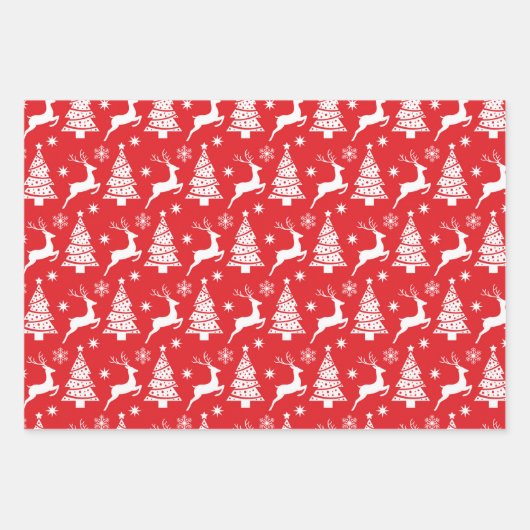 Rentiere und Weihnachtsbaumen in Rot und Grün 3 Geschenkpapier Set (Vorderseite 2)