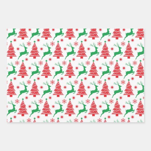Rentiere und Weihnachtsbaumen in Rot und Grün 3 Geschenkpapier Set (Vorderseite)