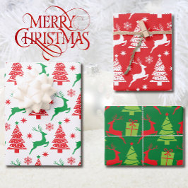 Rentiere und Weihnachtsbaumen in Rot und Grün 3 Geschenkpapier Set