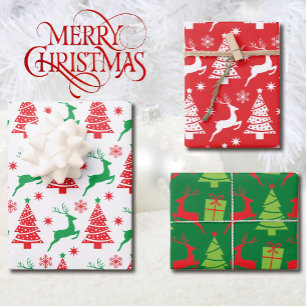 Rentiere und Weihnachtsbaumen in Rot und Grün 3 Geschenkpapier Set