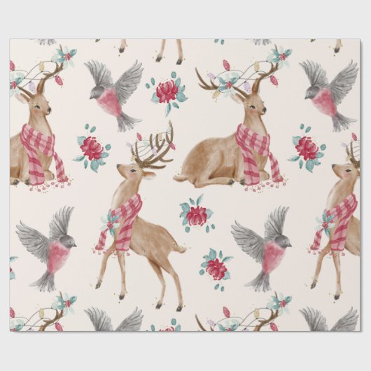 Rentiere, Vögel, Blume Geschenkpapier (Flach)