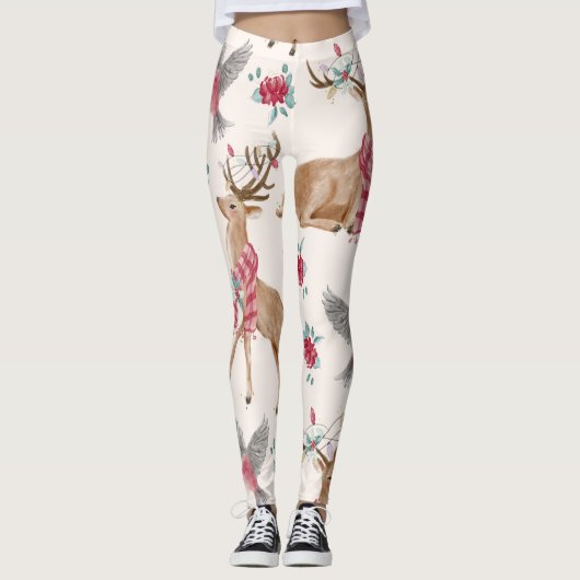 Rentiere, Vögel, Blume Leggings (Vorderseite)