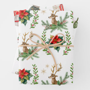 Rentiere Weihnachten und Rote Poinsettia Geschenkpapier Set